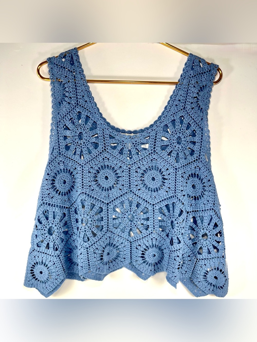 Adora Crochet Tank Top Granny Square Blue 100% Cotton Boho One Size